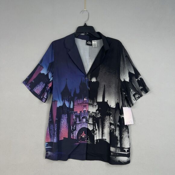 Disney Shirt Womens Large Black Purple Castle Camp Button Up Wonderful World 100 - Picture 2 of 13